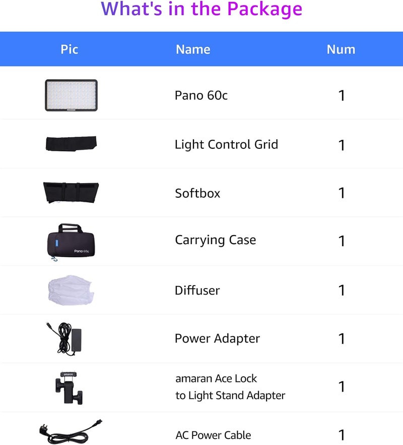 عماران أبوتشر أماران بانو 60c كيت ضوء لوحة LED كاملة اللون 60 وات RGBWW مع USB-C PD، حرارة لون 2300K-10000K، 12 تأثير ضوئي، تحكم عن طريق التطبيق، مع صوفبوكس وحافظة للحمل للإضاءة التصويرية والاستوديو (فحم) - Image 3